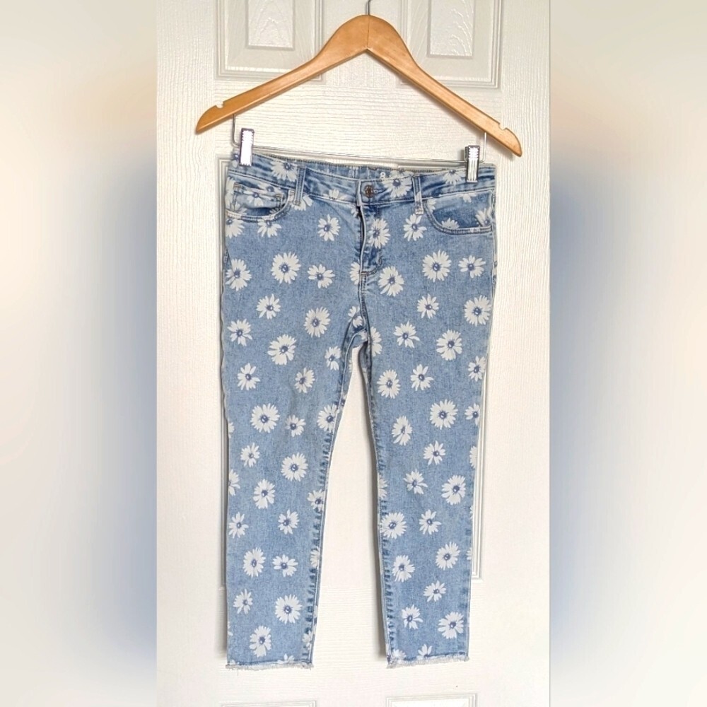 GAP Kids (Size 8) Super Skinny Floral Ankle Jeans Adjustable Waist Frayed Edges